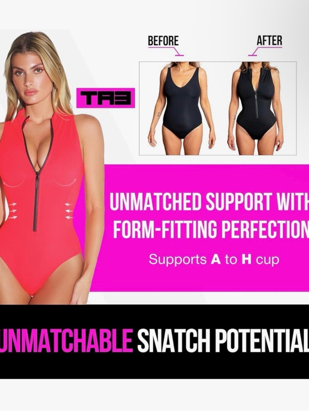 TA3 Hot Coral high cut sleeveless surfy 3X Zip-Front One-Piece Swimsuit - Picture 4 of 8